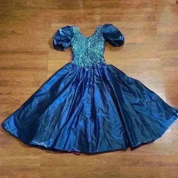 VTG Mike Benet Formals Blue Puff Sleeve Sweetheart Ribbon Prom Dress Size XS - Picture 2 of 11